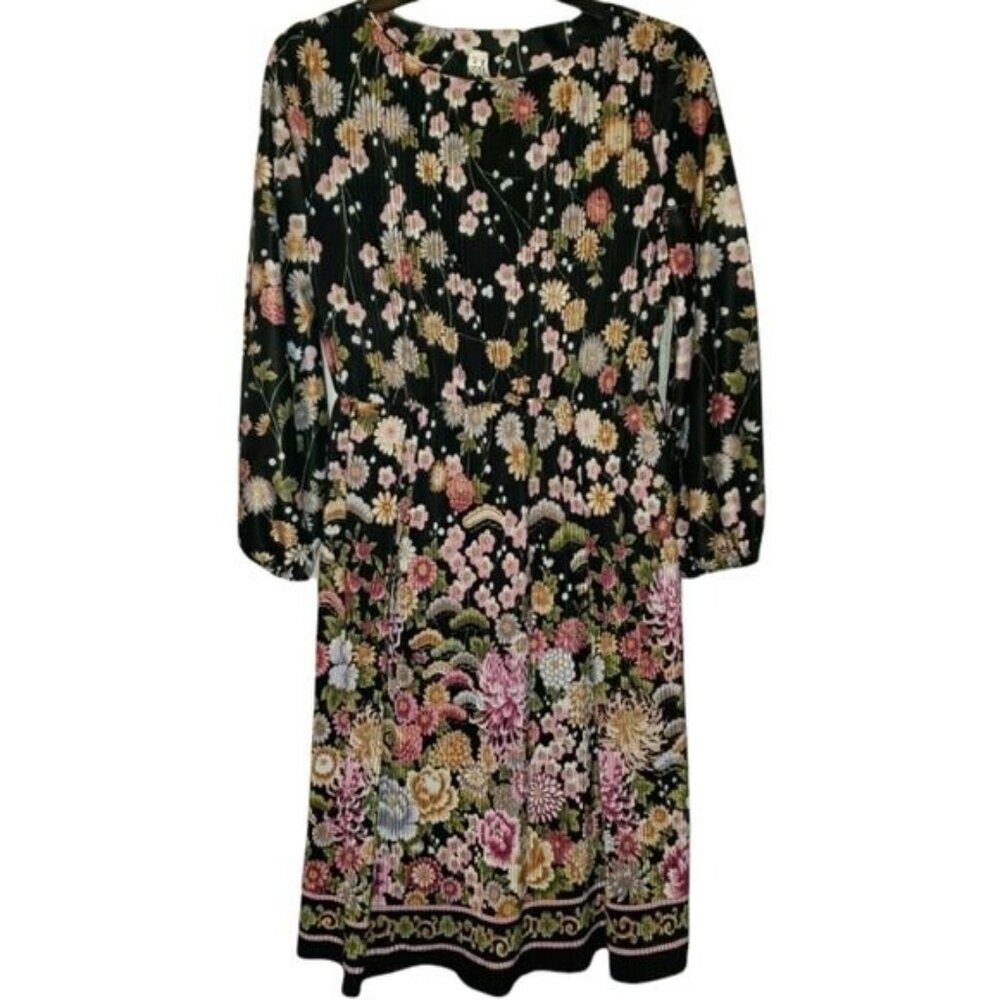 Vintage Long Sleeve Floral Pleated Dress Size Small